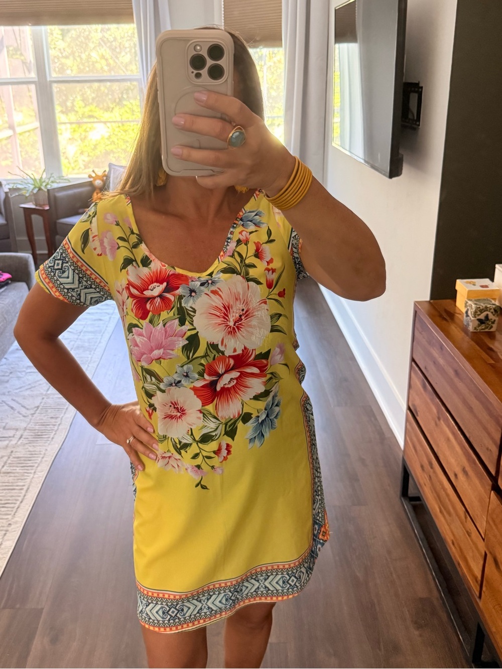FARM Rio Yellow Floral Shift Dress with Multicolor Blooms